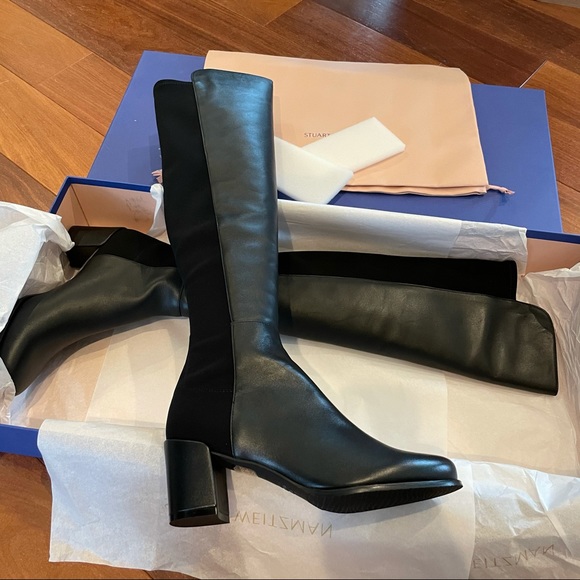 NIB Stuart Weitzman 5050 block black leather knee high boots - Picture 4 of 13